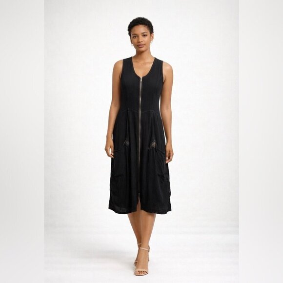 Boheme Dresses & Skirts - Bohème Black Lagenlook Linen Zip Front Dress Size 1 Sleeveless Boho Casual